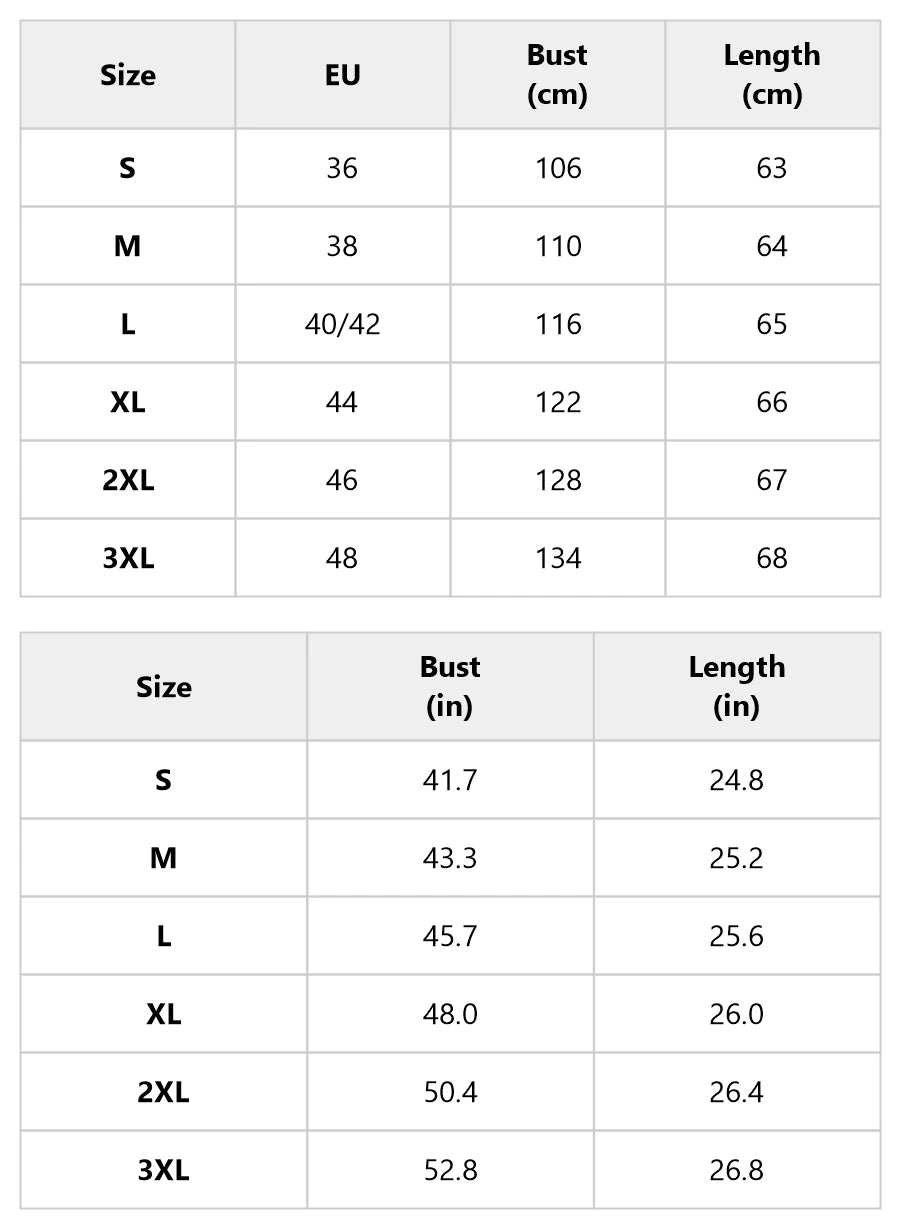 Size chart for the oversized button-front cardigan with gold buttons