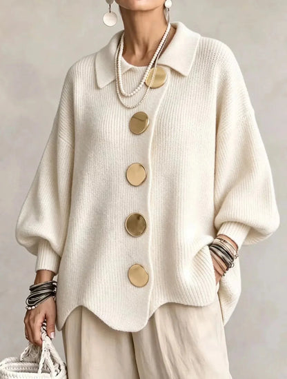 Women's oversized button-front cardigan with gold buttons, white, front view