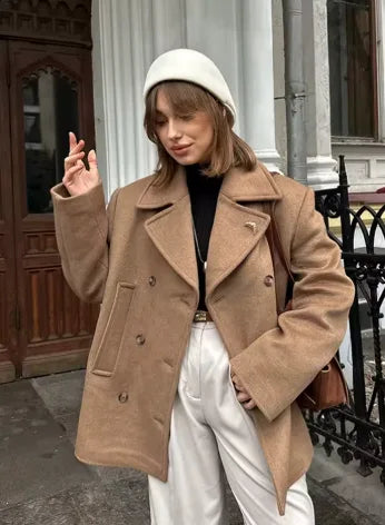 Women's oversized double-breasted camel coat with lapels, front view