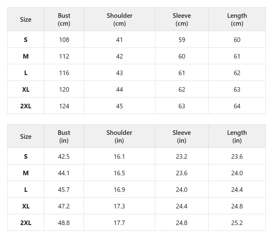 Size chart for oversized shaggy coat with large collar