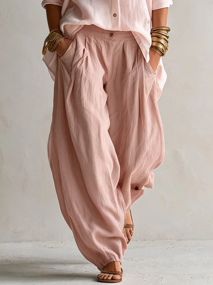 Women's pink relaxed shirt and lantern pants set, close-up of the lantern pants