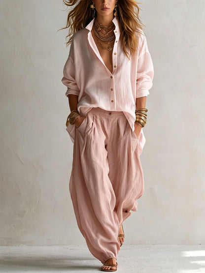 Women's pink relaxed shirt and lantern pants set, front view