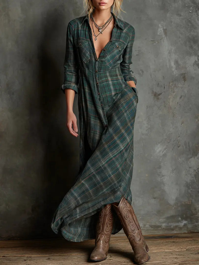 Green plaid lapel-collar shirt maxi dress