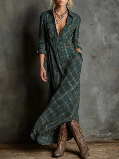 Green plaid lapel-collar shirt maxi dress