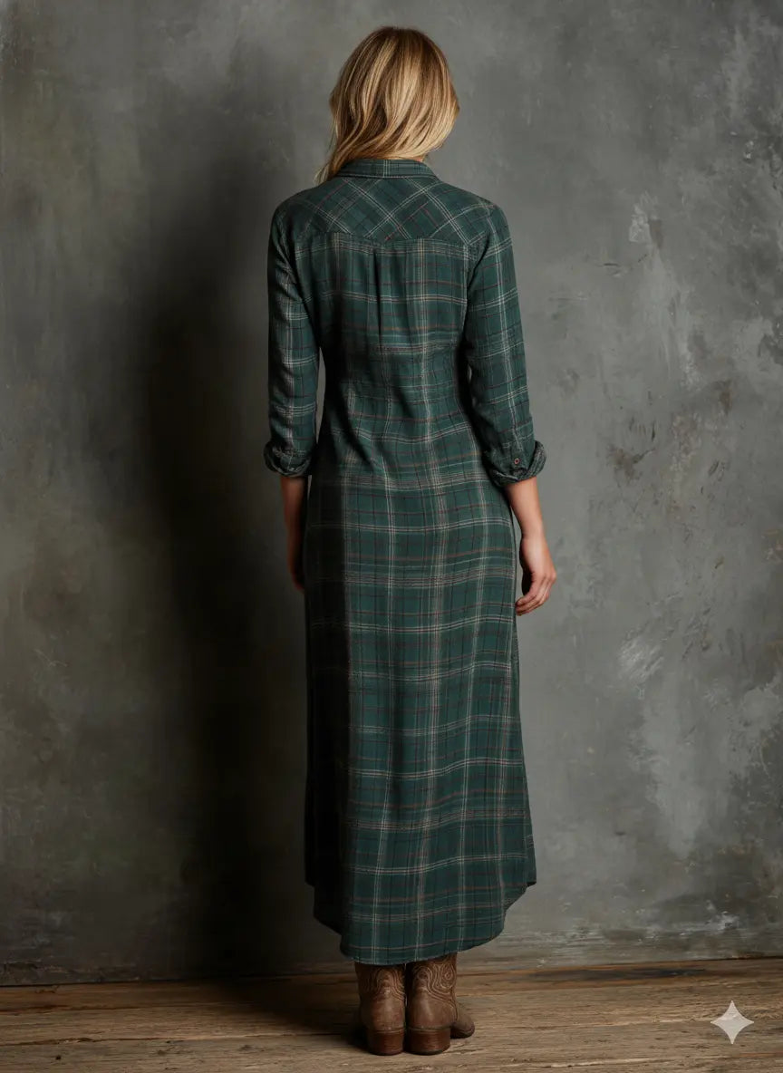 Woman wearing a plaid maxi shirt dress, styled look