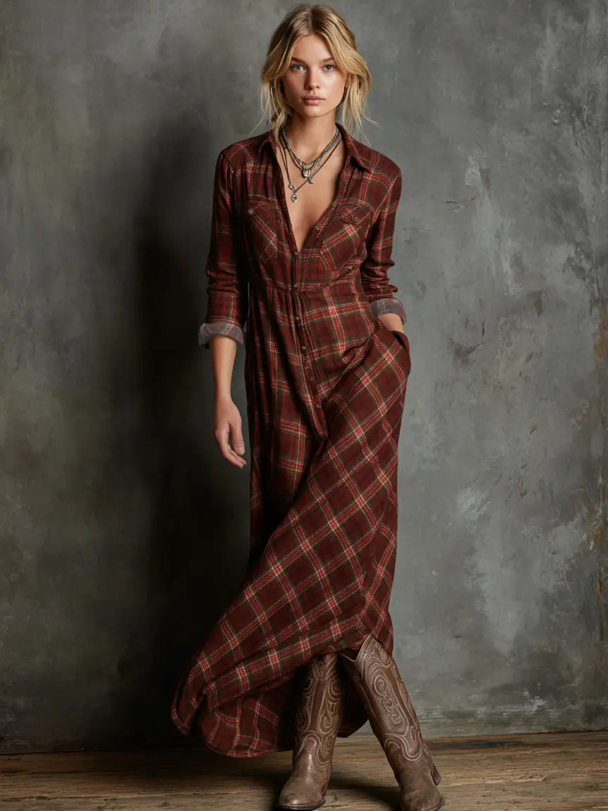 Red plaid lapel-collar shirt maxi dress