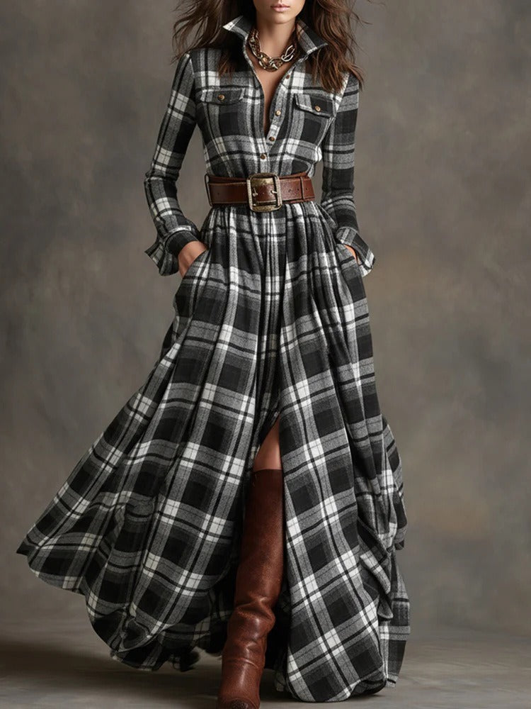 Woman wearing a plaid shirt maxi dress with belt, front view