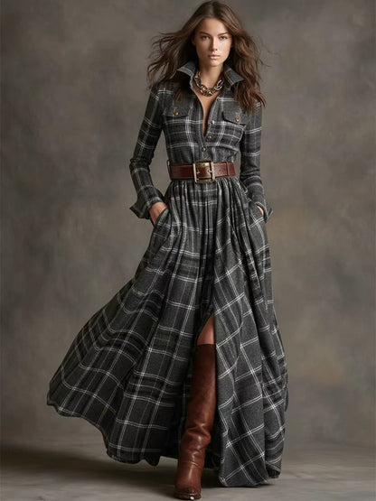 Plaid long-sleeve shirt dress with belt, detail view