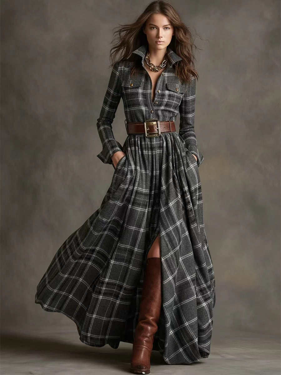 Plaid shirt maxi dress with adjustable belt, back view