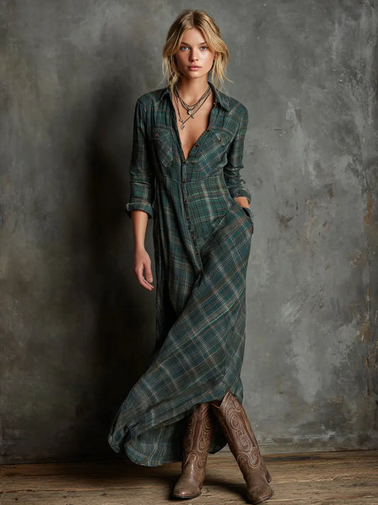 Plaid shirt maxi dress with lapel collar
