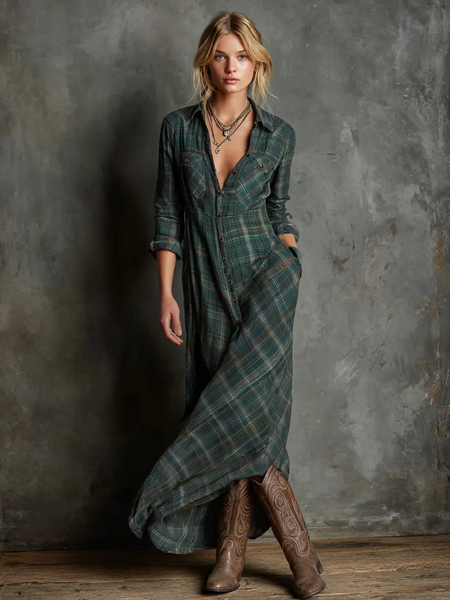 Plaid shirt maxi dress with lapel collar