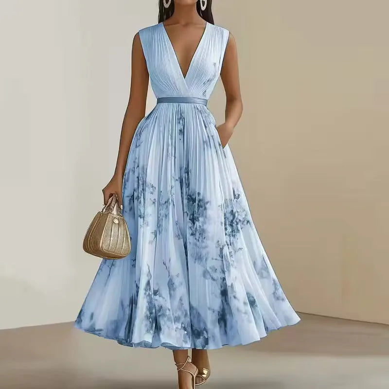 Women's pleated floral V-neck maxi dress, blue, front view