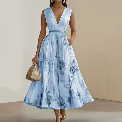 Women's pleated floral V-neck maxi dress, blue, front view