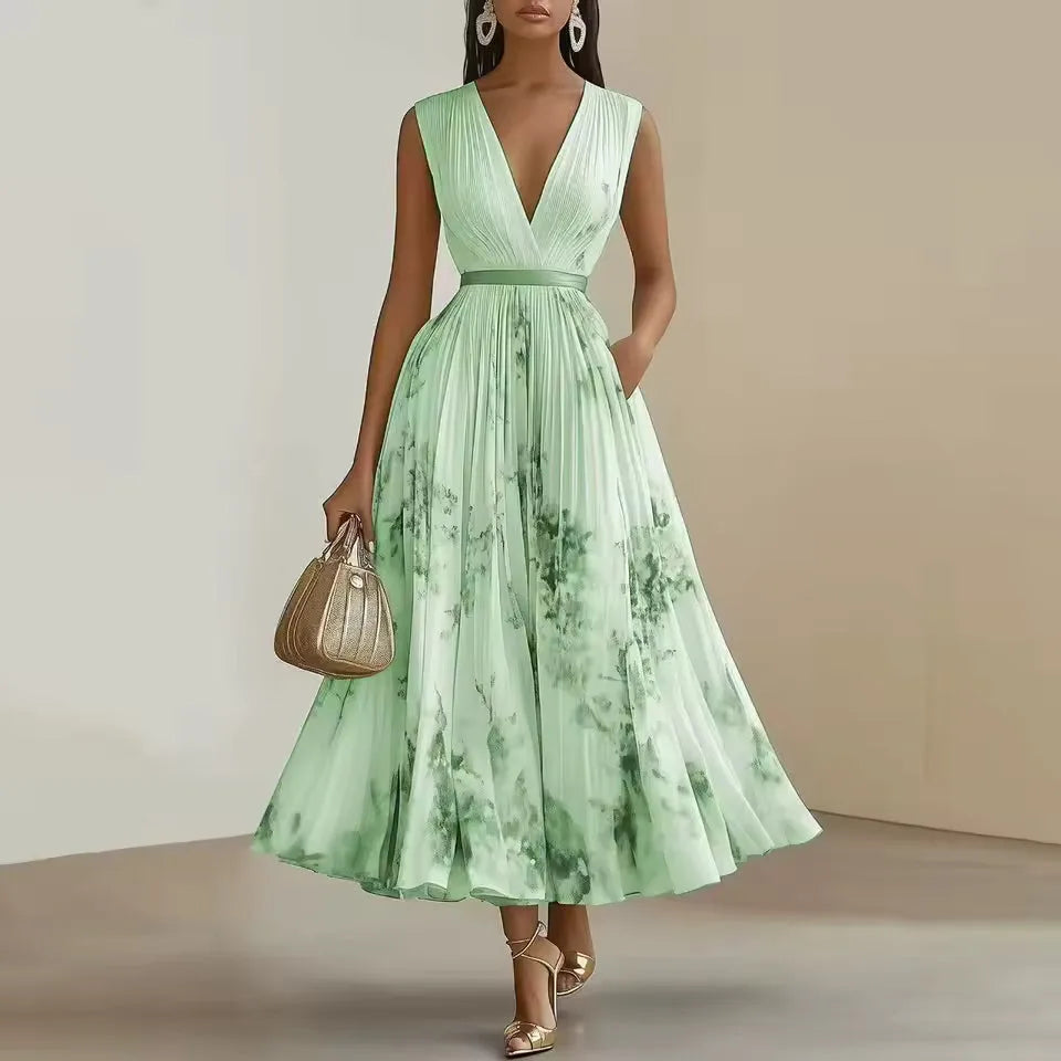 Women's pleated floral V-neck maxi dress, green, front view