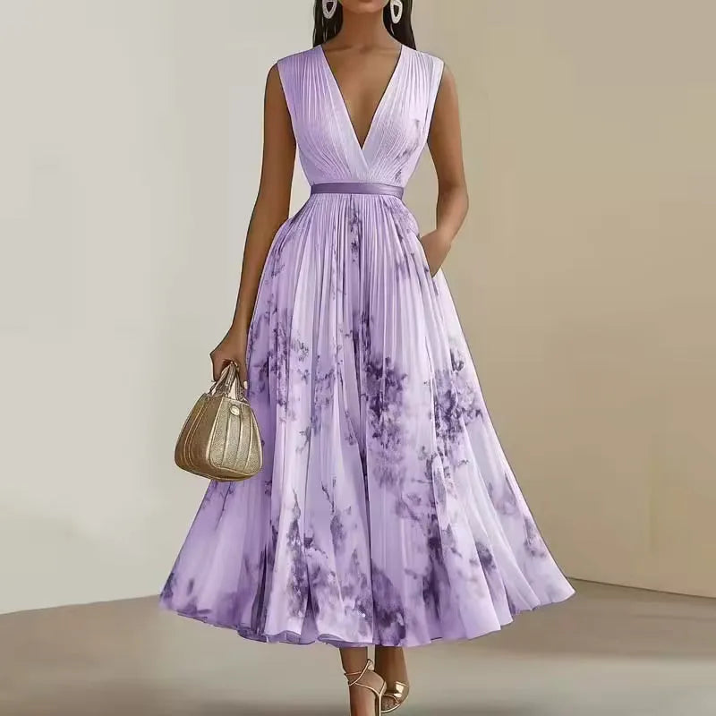 Women's pleated floral V-neck maxi dress, lavender, front view