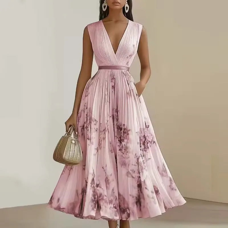 Women's pleated floral V-neck maxi dress, pink, front view