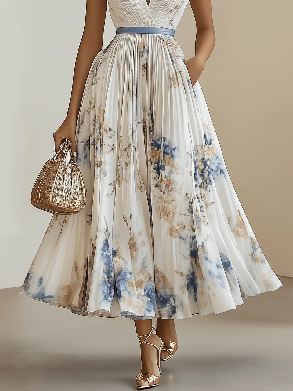 Women's pleated floral V-neck maxi dress, white, close-up of the pleated floral skirt