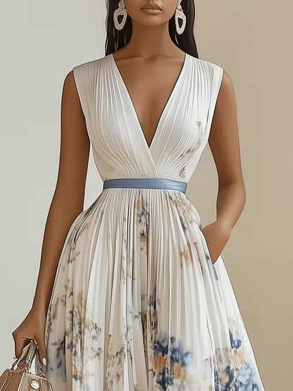 Women's pleated floral V-neck maxi dress, white, close-up of the V-neckline and waistband
