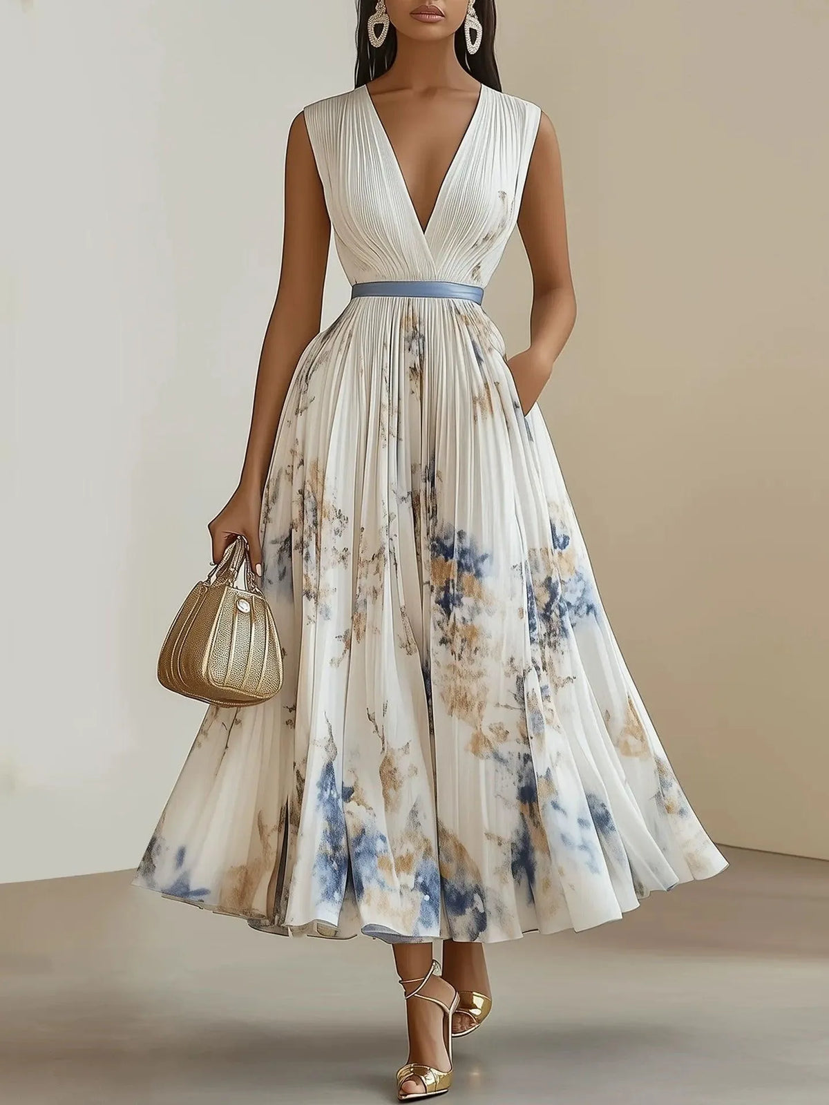 Women's pleated floral V-neck maxi dress, white, front view