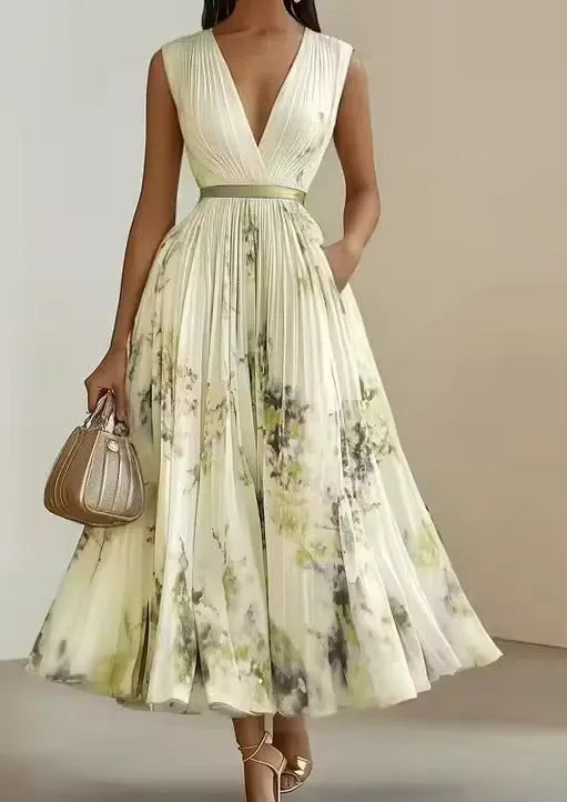 Women's pleated floral V-neck maxi dress, yellow, front view