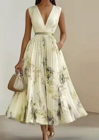 Women's pleated floral V-neck maxi dress, yellow, front view