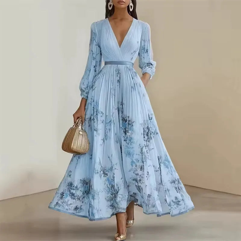 Women's pleated floral V-neck maxi dress with balloon sleeves, light blue, front view