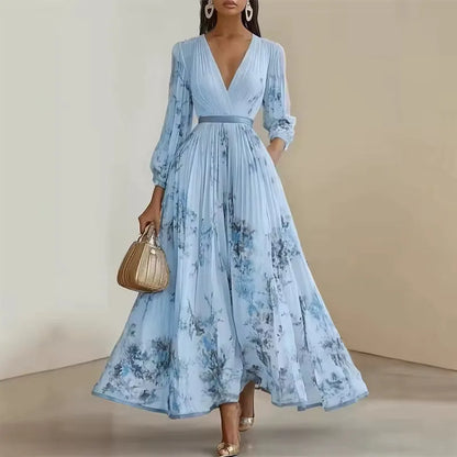 Women's pleated floral V-neck maxi dress with balloon sleeves, light blue, front view