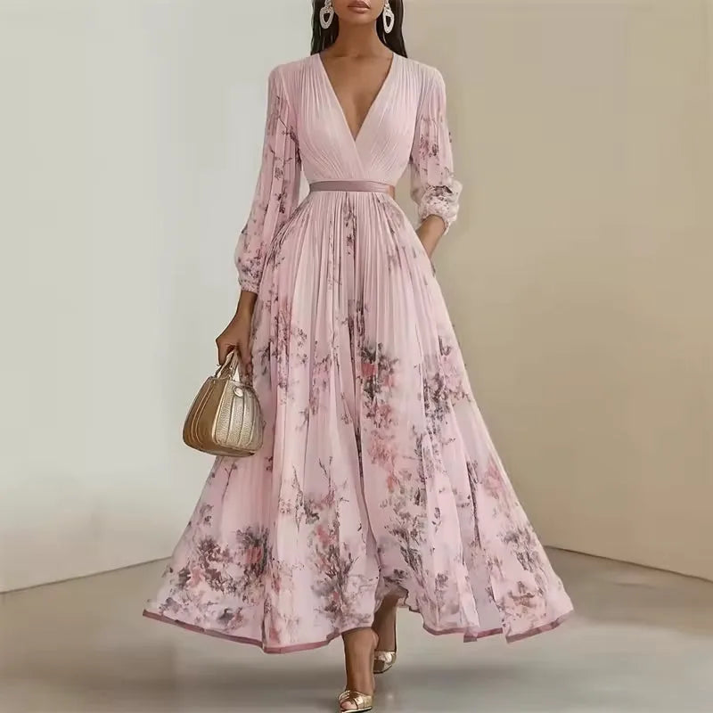Women's pleated floral V-neck maxi dress with balloon sleeves, pink, front view