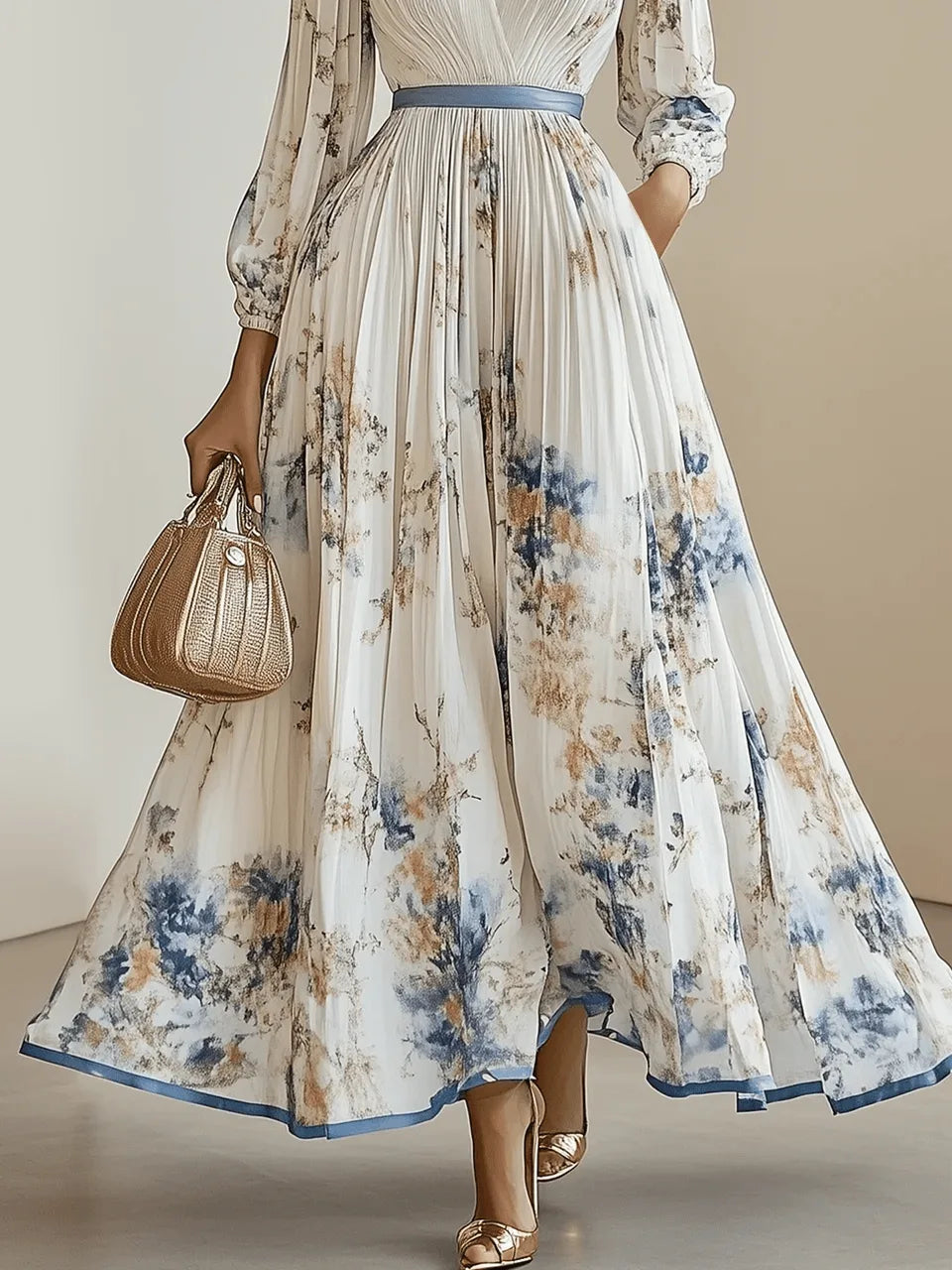 Women's pleated floral V-neck maxi dress with balloon sleeves, white, close-up of the floral hem