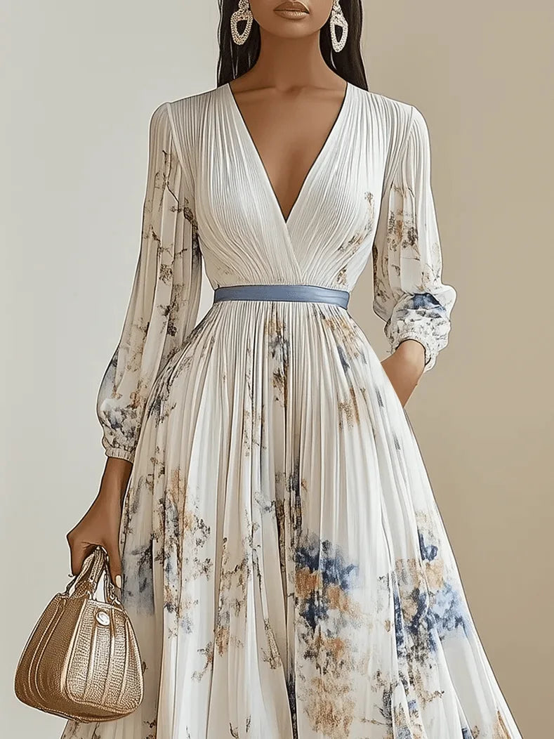 Women's pleated floral V-neck maxi dress with balloon sleeves, white, close-up of the V-neckline and sleeves