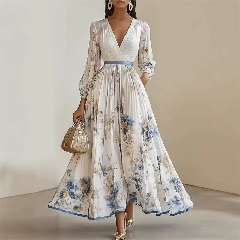 Women's pleated floral V-neck maxi dress with balloon sleeves, white, front view