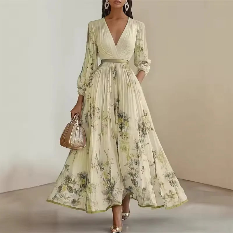 Women's pleated floral V-neck maxi dress with balloon sleeves, yellow, front view