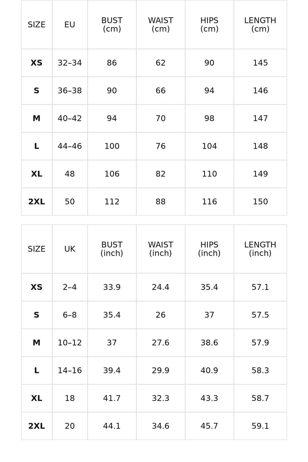 Size chart for the pleated mesh fitted maxi dress