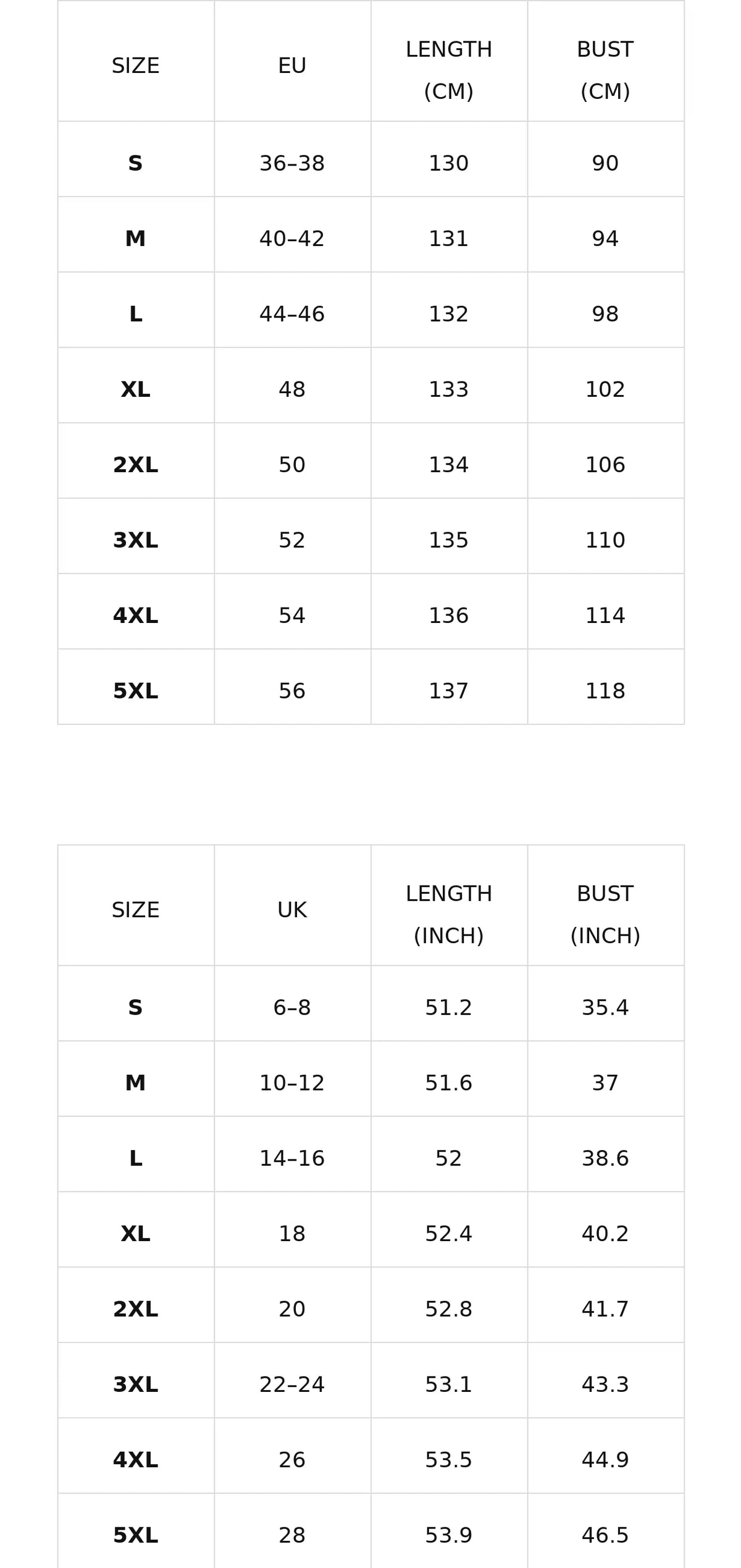 Size chart for the pleated v-neck maxi dress with belt