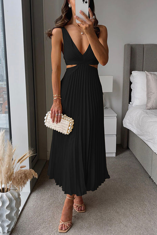 Black pleated V-neck midi dress