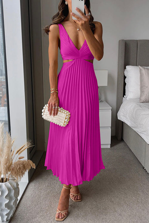 Fuchsia pleated V-neck midi dress