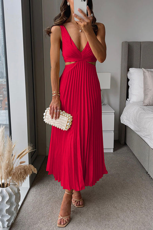 Red pleated V-neck midi dress