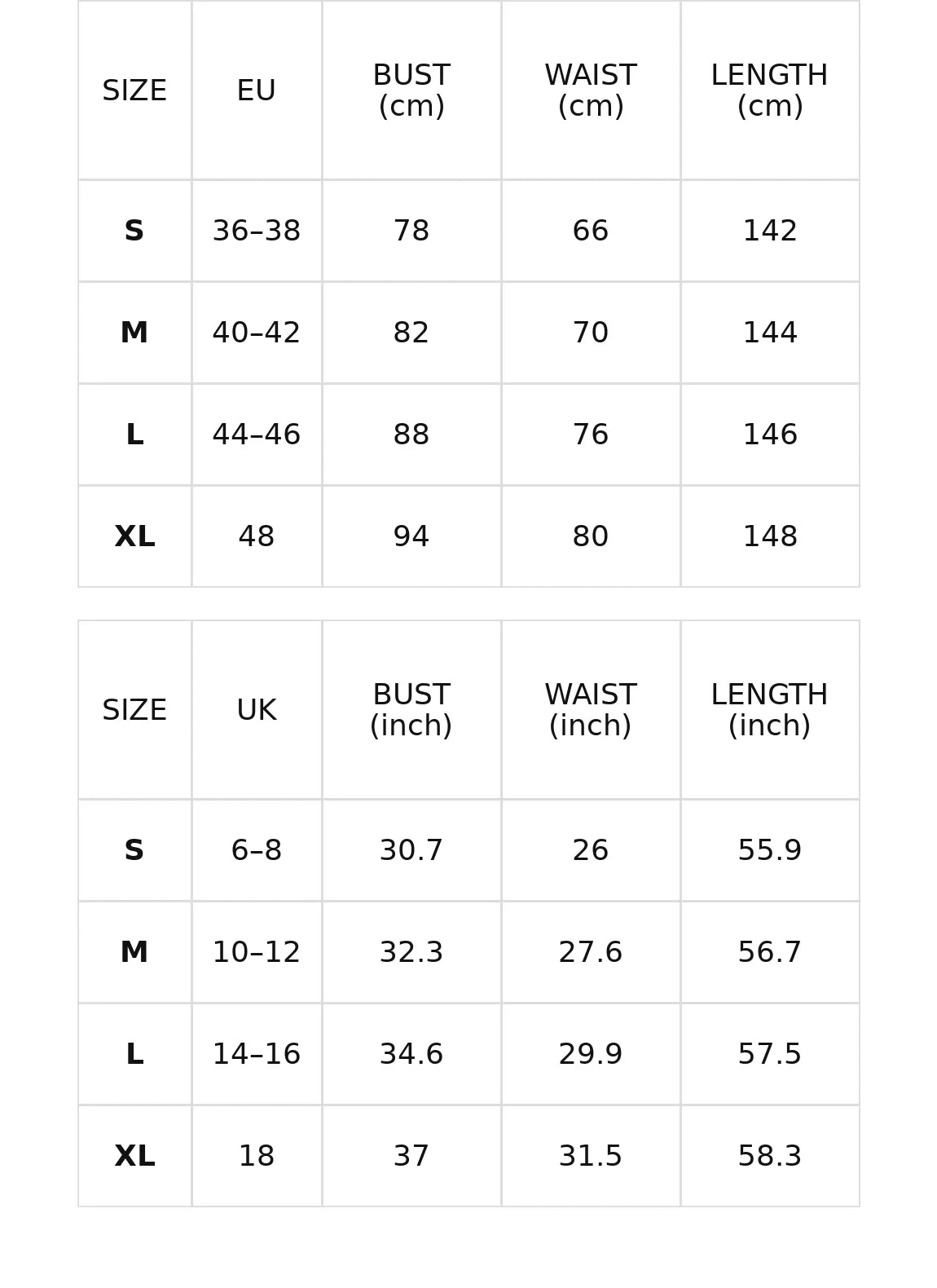 Size chart for the pleated v-neck midi dress