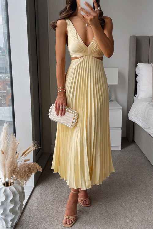 Yellow pleated V-neck midi dress