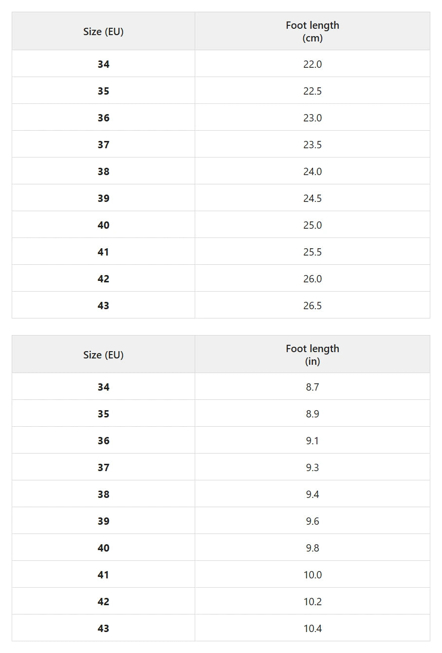 Size chart for pointed-toe bow sandals with ankle strap