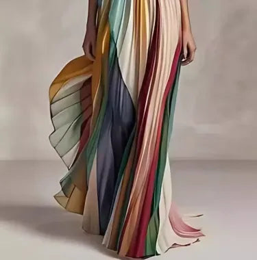 Women's rainbow stripe strapless maxi dress, close-up of the striped skirt