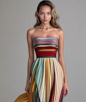 Women's rainbow stripe strapless maxi dress, front view