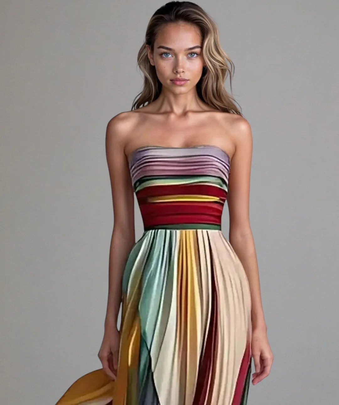 Women's rainbow stripe strapless maxi dress, front view