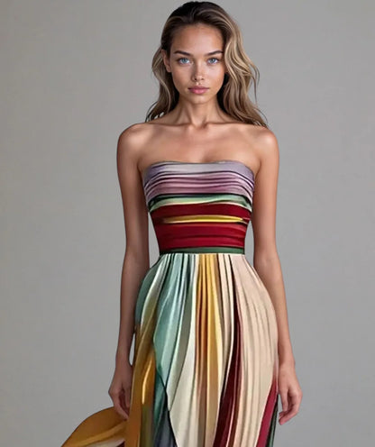 Women's rainbow stripe strapless maxi dress, front view