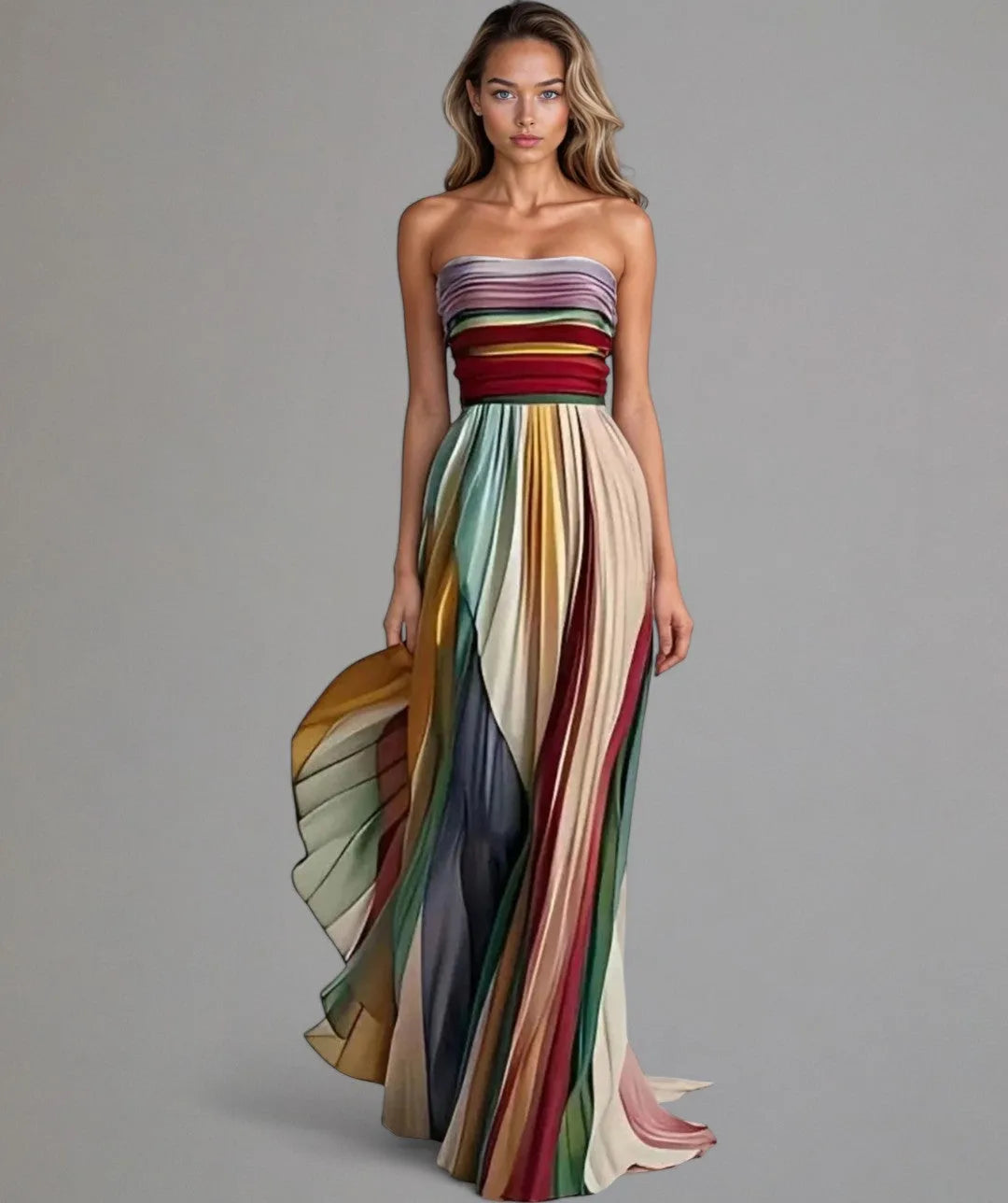 Women's rainbow stripe strapless maxi dress, full-length view
