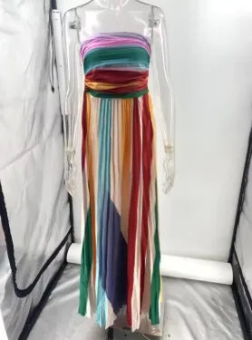 Women's rainbow stripe strapless maxi dress, product view