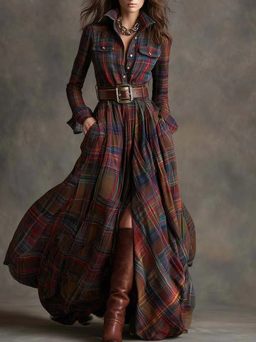 Red plaid shirt maxi dress with adjustable belt