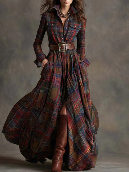 Red plaid shirt maxi dress with adjustable belt