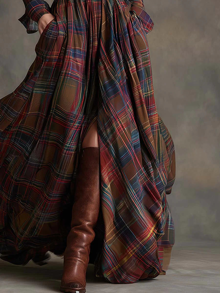 Red plaid shirt maxi dress outfit