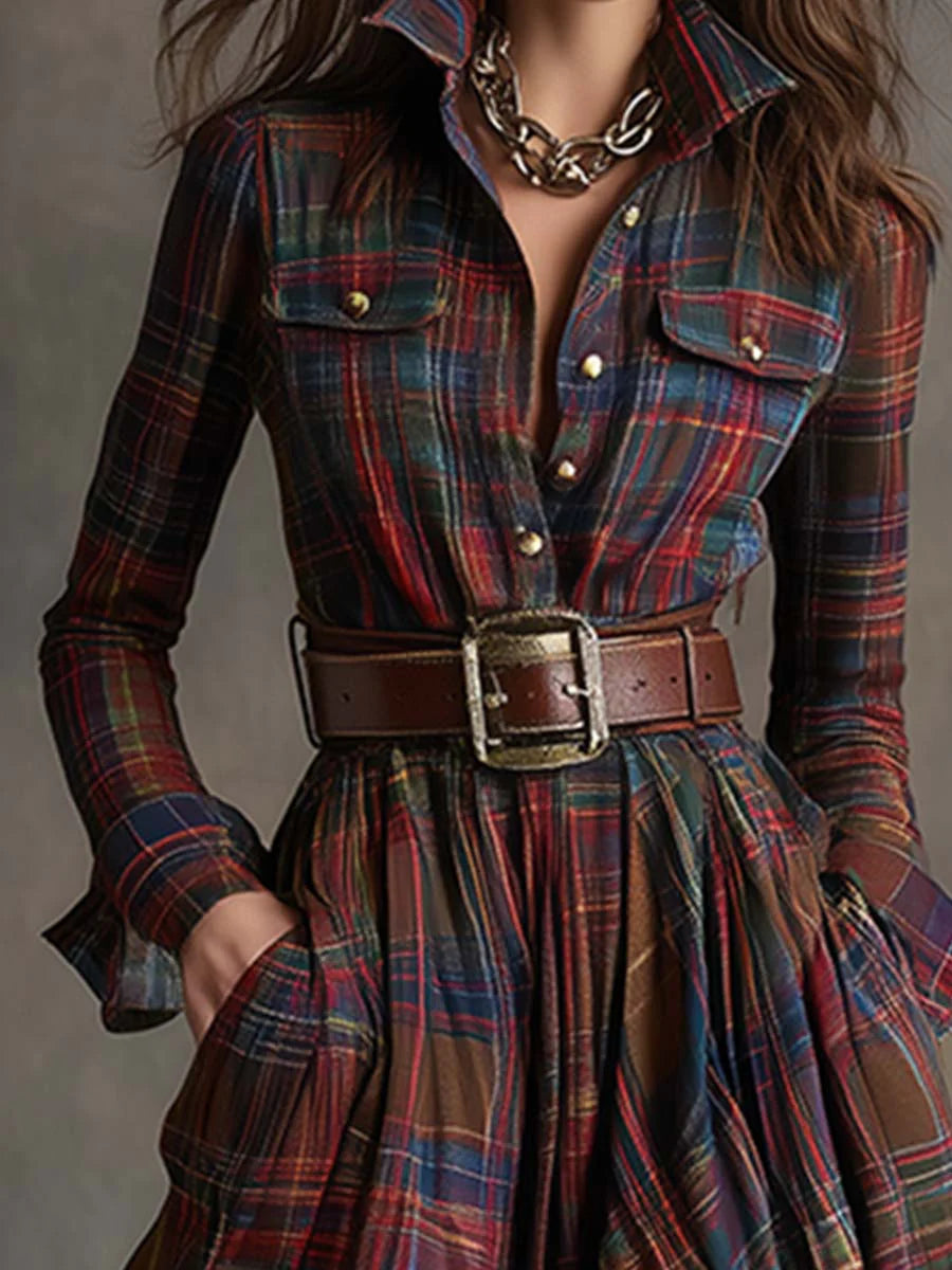 Red plaid shirt dress styled with boots
